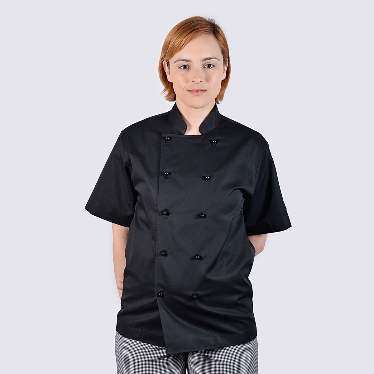 black chef jackets short sleeve black buttons