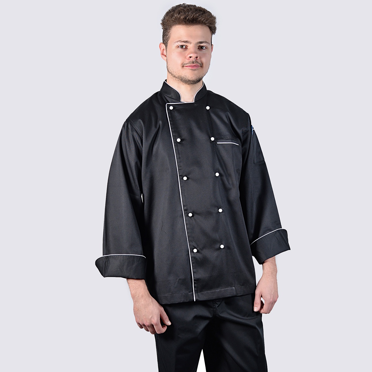 chef jacket black long sleeve with white piping