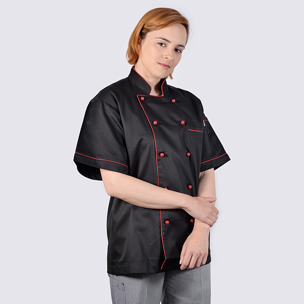 chef jacket black short sleeve with red piping