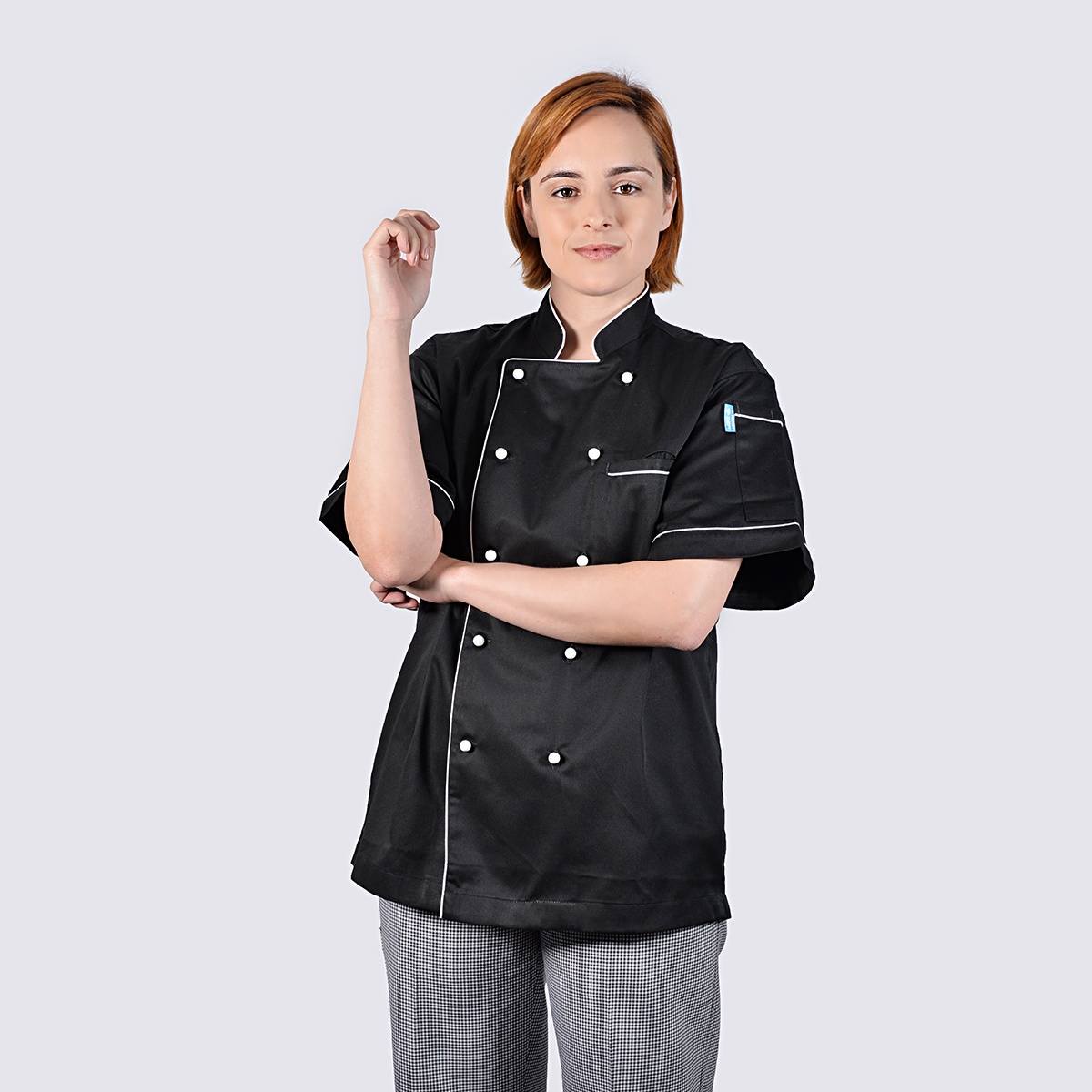 chef jackets black with white piping short sleeve