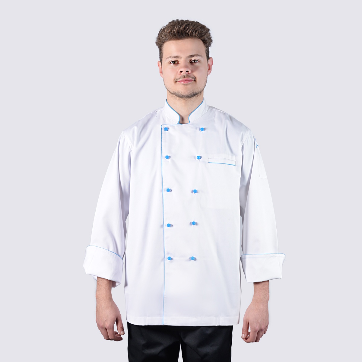chef jackets with blue piping in long sleeve