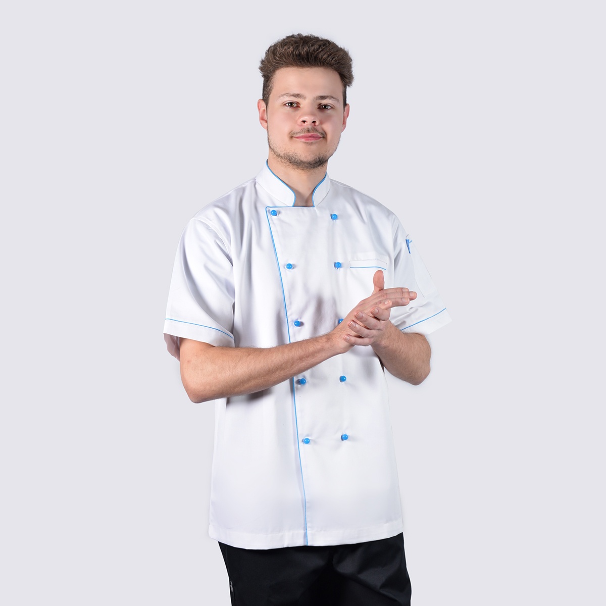 Executive Style Aqua Blue Piping Short Sleeve Chef Jackets