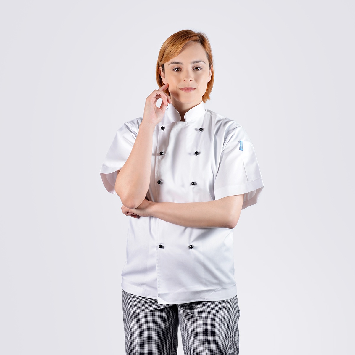 chef jackets white short sleeve with black buttons