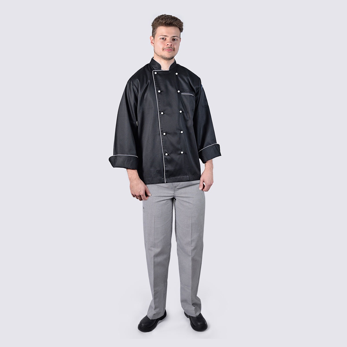 Black Chef Jacket Long Sleeve with White Piping and Checkered Pant