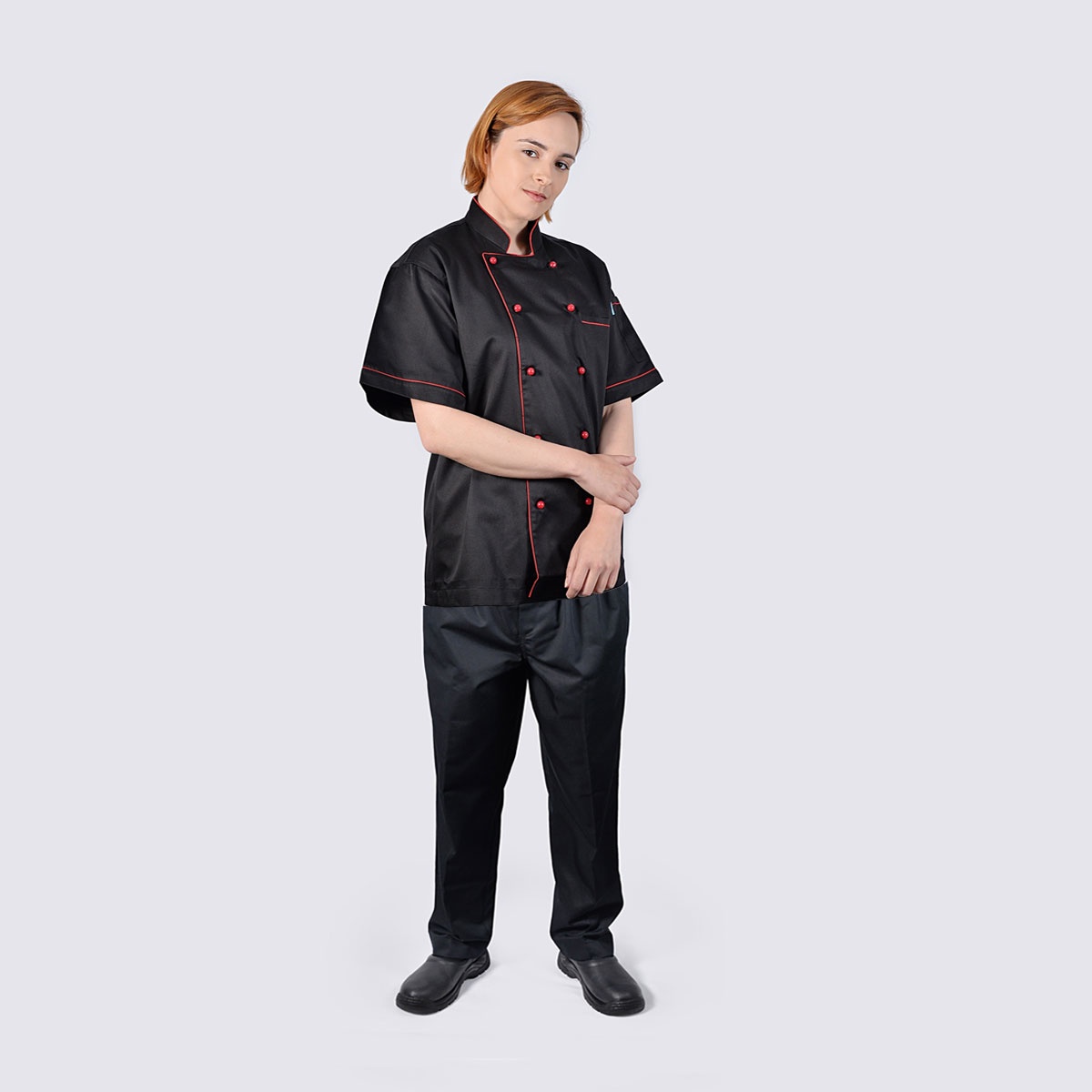 Chef Jacket Black with Red Piping Short Sleeve and Black Pant