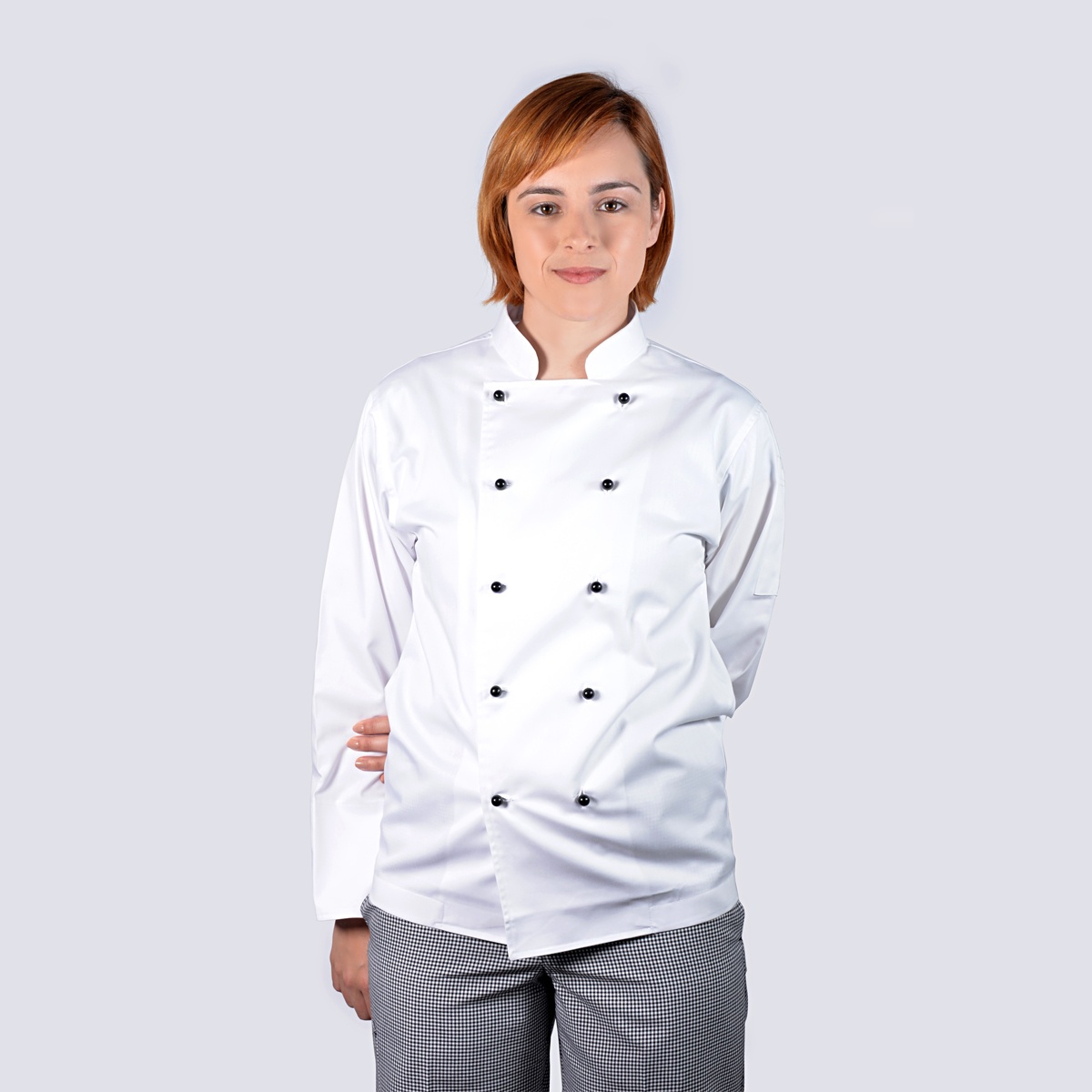 white long sleeve chef jacket with black buttons