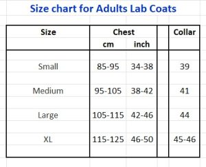 Adults Lab Coats - size chart