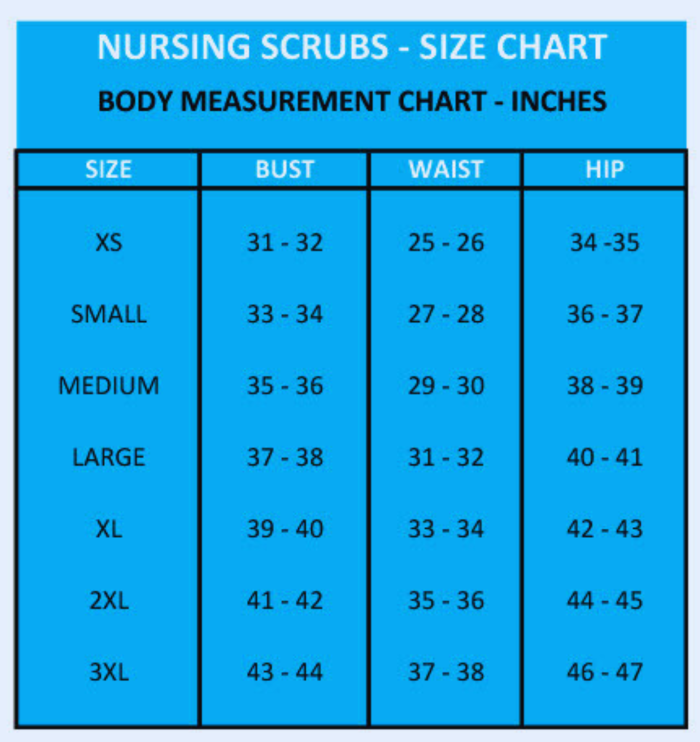 Nursing scrubs uniforms size chart